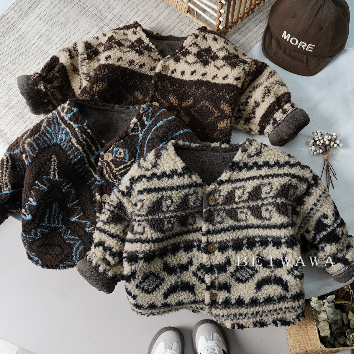 英伦风潮童宝宝外穿加绒加厚外套 男女童印花奥利绒保暖开衫外搭