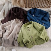 小清新春男女宝宝纯棉百搭上衣外套 儿童纯色宽松外搭系扣开衫