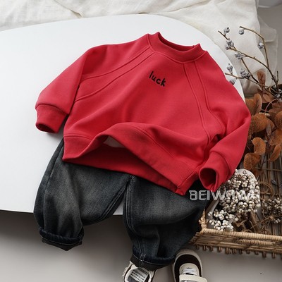 喜庆红色小童宝宝加绒韩版卫衣