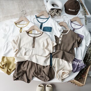 高品质~定制款儿童绵绸套装男女宝宝轻薄短袖七分裤人造棉两件套