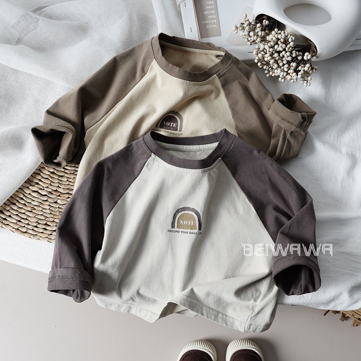 软糯全棉春款儿童撞色插肩T恤 潮宝宝森系百搭宽松长袖打底体恤衫