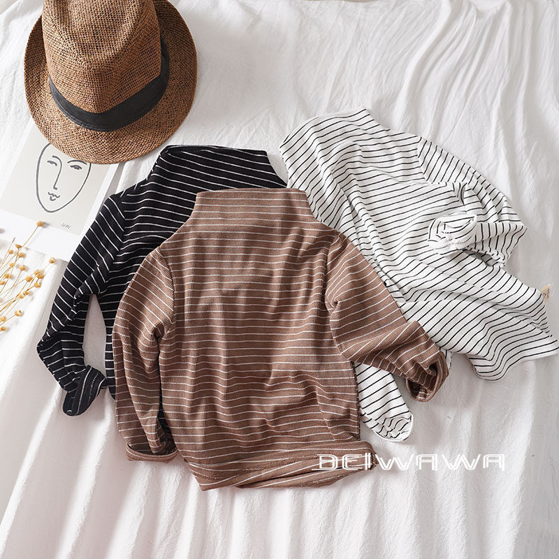 好穿春款男女宝宝半高领打底T恤儿童条纹百搭休闲长袖上衣体恤衫