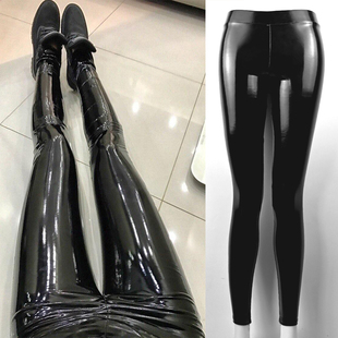 加绒紧身漆皮九亮面长打底裤 镜面皮裤 女性感低腰春秋超亮pu皮薄款