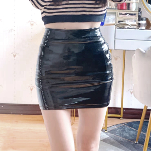 半身裙 PU气质港味黑色亮皮短裙高腰性感包臀裙大码 镜面春季 女装