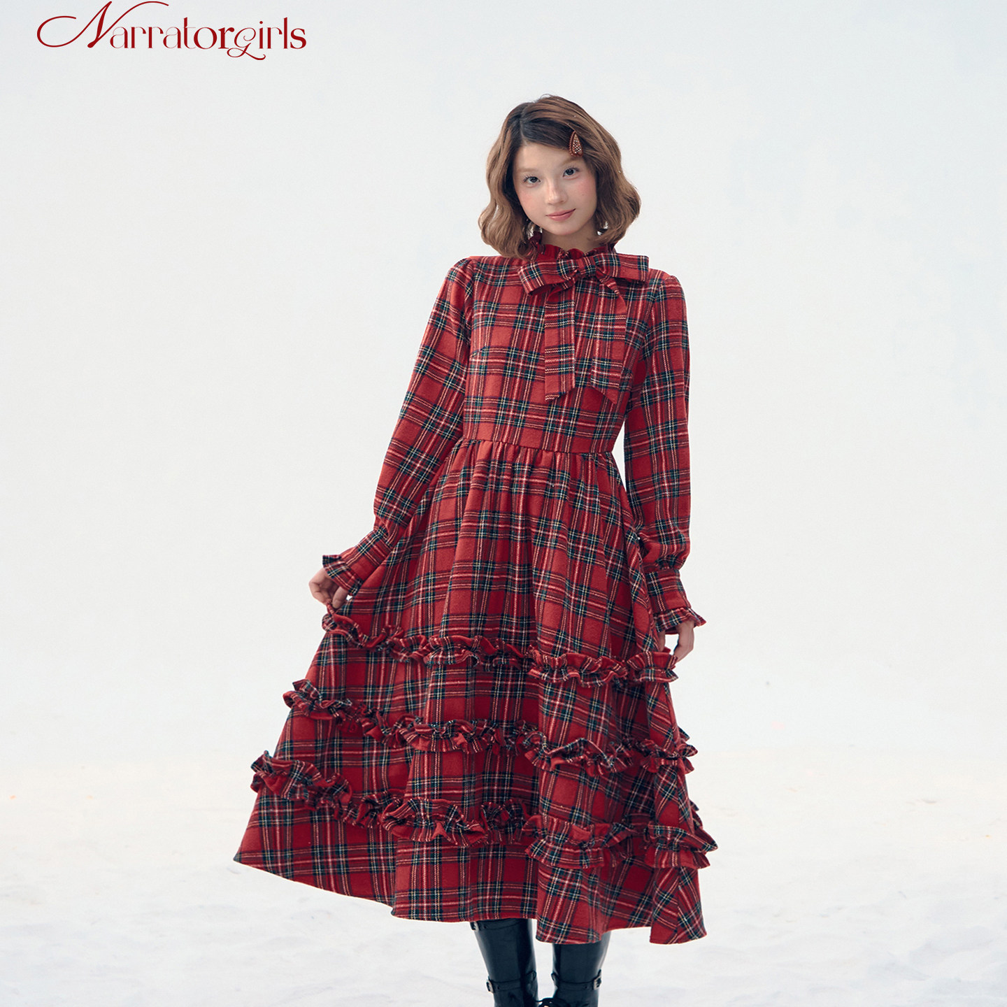 Narratorgirls复古红色格纹蝴蝶结立体抽褶木耳边长袖长裙连衣裙,女装/女士精品,连衣裙,淘宝优惠券,粉丝福利购,淘宝优惠卷
