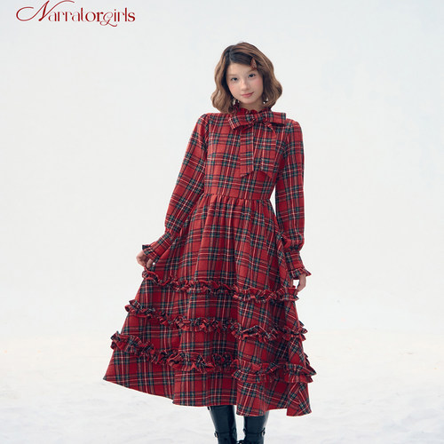 Narratorgirls复古红色格纹蝴蝶结立体抽褶木耳边长袖长裙连衣裙