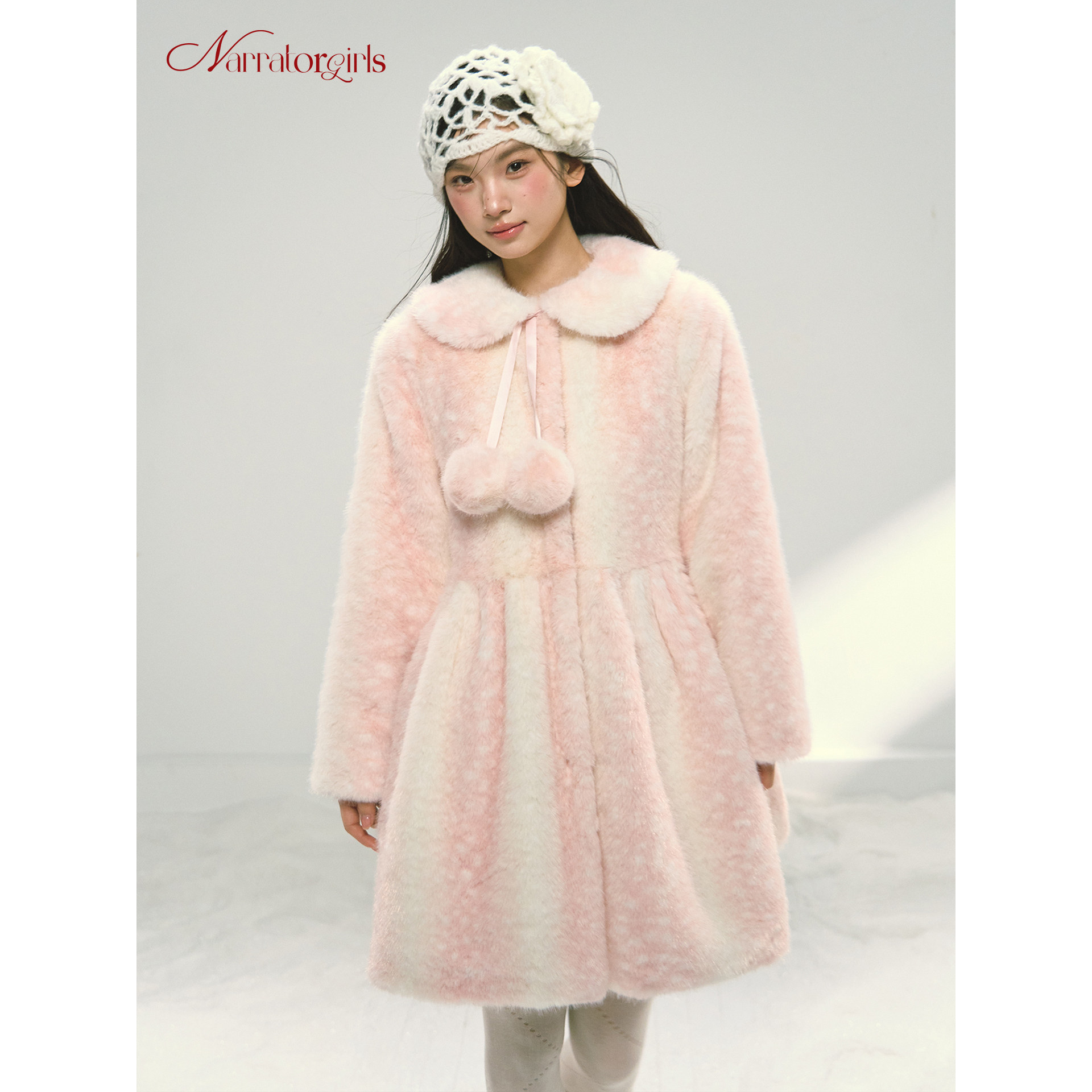 Narratorgirls粉色小鹿斑比甜美娃娃领毛毛外套仿毛皮草大衣加厚
