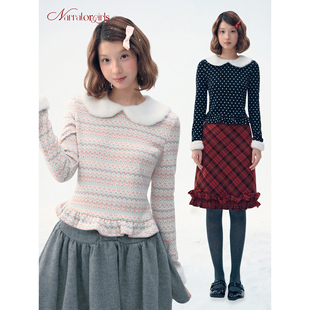 Narratorgirls费尔岛粉蓝黑白波点毛毛娃娃领针织可爱收腰上衣冬