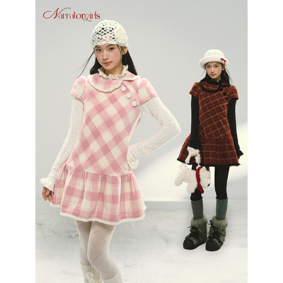 Narratorgirls圣诞红粉白格纹娃娃领毛呢短袖宽松连衣裙A字裙短裙
