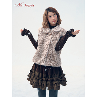 Narratorgirls粉棕豹纹娃娃领双排扣短袖 毛毛仿皮草上衣古早味