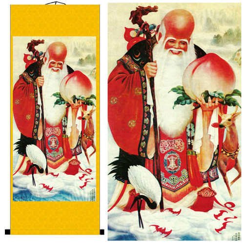 老寿星南极仙药挂画福禄寿老人长寿图康宁仙鹤寿桃客厅中式装饰