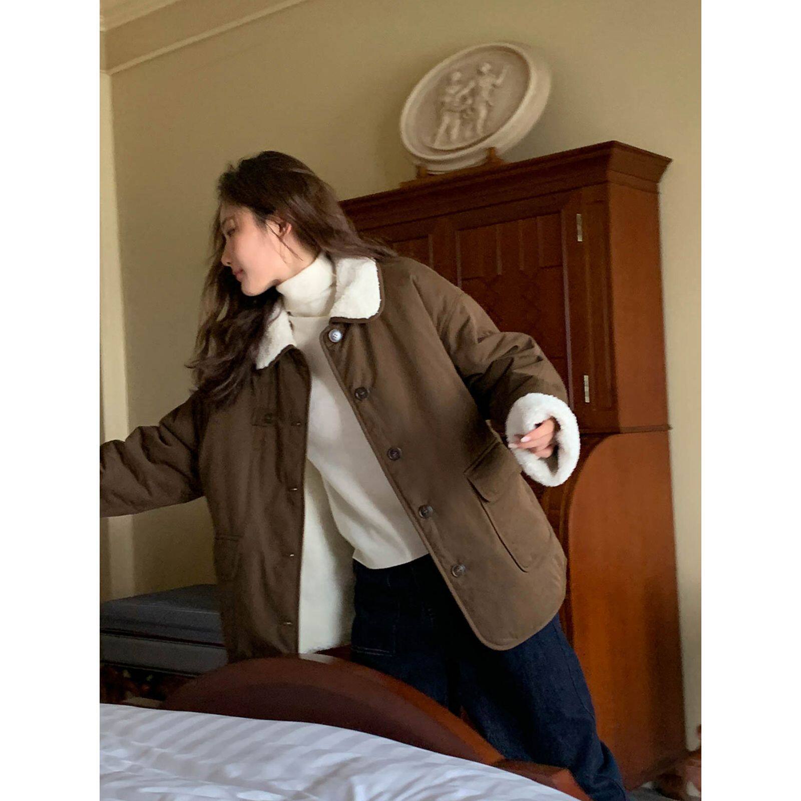 羊羔毛领夹棉大口袋外套女秋冬新棉衣/棉服