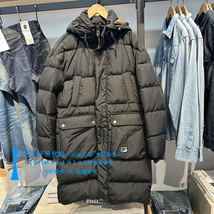 正品Levis李维斯2025年黑色中长款连帽 男士羽绒服外套004ZC-0000