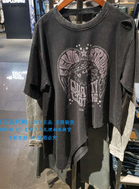 正品Levis李维斯2025年黑灰色做旧印花破洞女士短袖T恤003SQ-0000