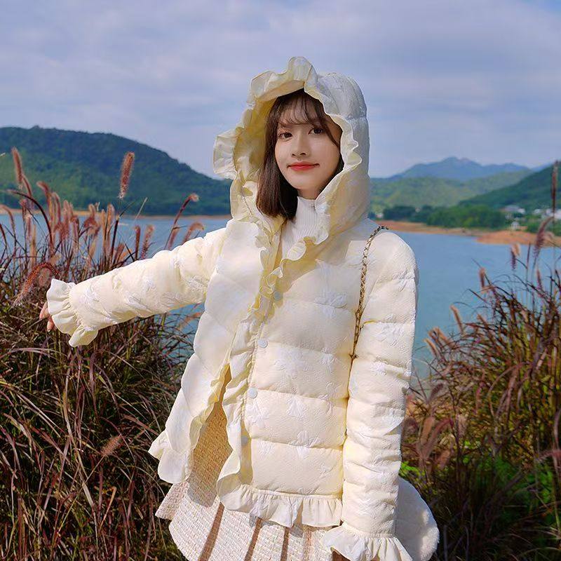 多巴胺加厚棉服女2025冬装新款韩版短款棉衣外套短款荷叶边棉袄