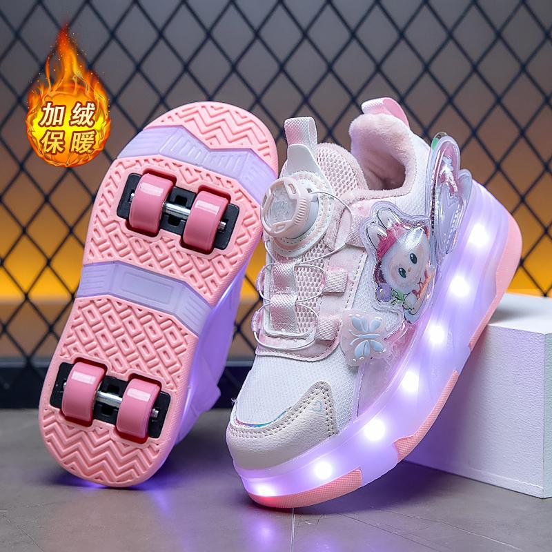 儿童暴走鞋学生轮滑鞋女童加绒保暖四轮变形男孩溜冰滑轮鞋跨境专