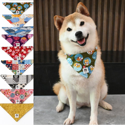 芮柴 复古樱花狗狗猫咪柯基泰迪柴犬三角巾口水巾围巾围脖纯棉