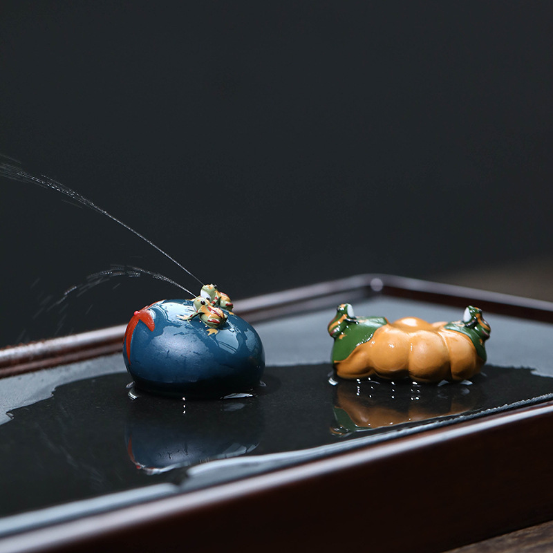 创意紫砂茶宠喷水青蛙手作茶玩小摆件荷叶莲蓬田螺莲藕多场景可养