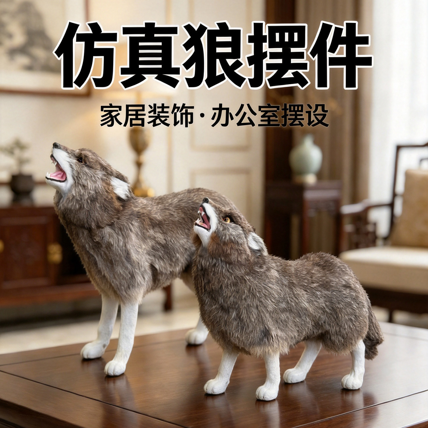 仿真狼真皮桌面摆件家居装饰