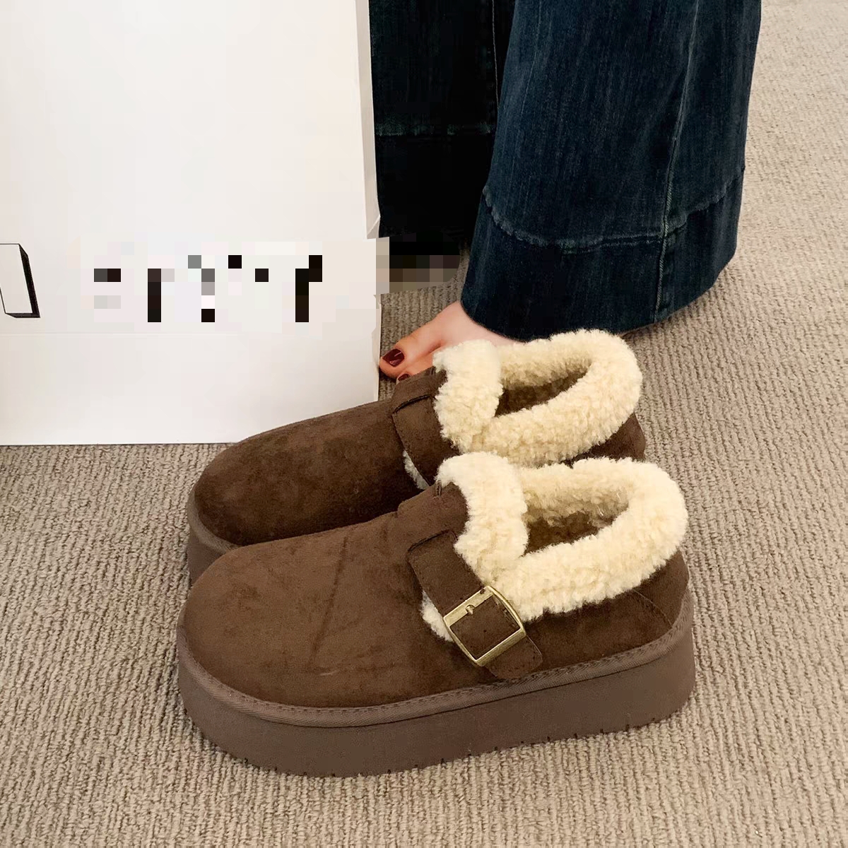 【妮娅专享】LL7329冬季新款真皮加绒平底勃肯鞋