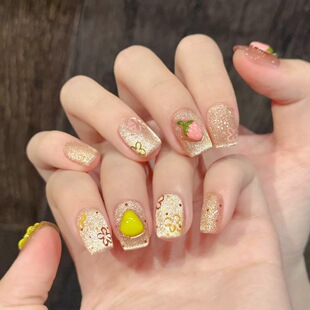 【蜜夏绮园】手绘草莓菠萝水果可爱精致手工美甲贴片可拆卸短方