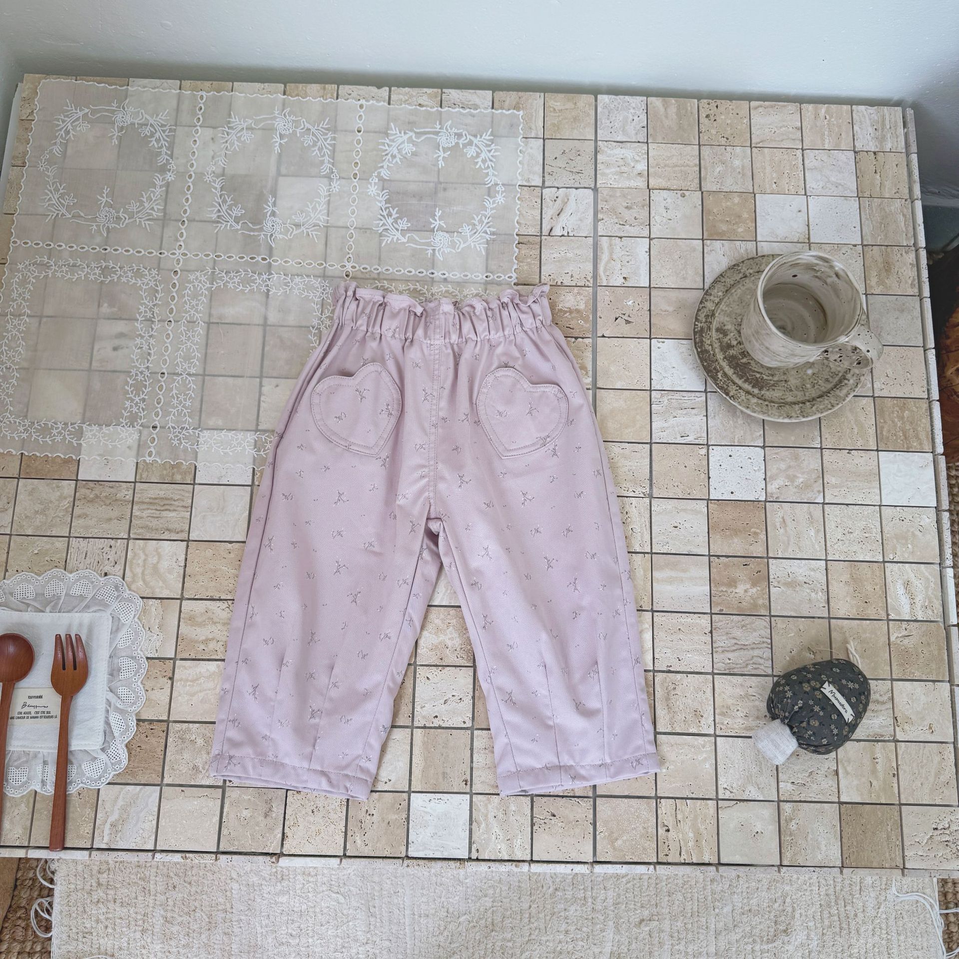 Cutemily女童装秋冬棉质斜纹口袋萝卜裤女宝可爱心形碎花百搭长裤
