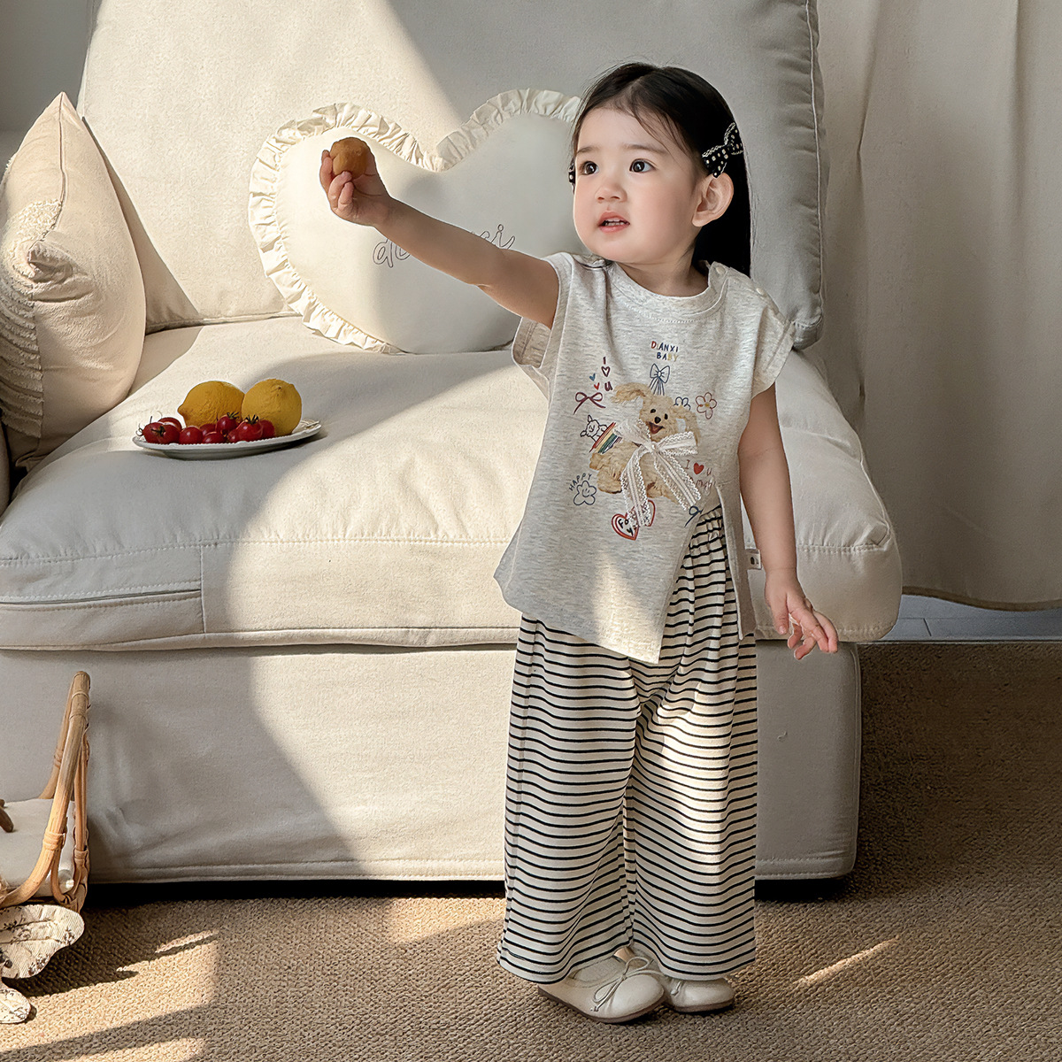 三折专区夏装短袖T恤洋气条纹裤子女童夏日穿搭套装可爱夏季衣服
