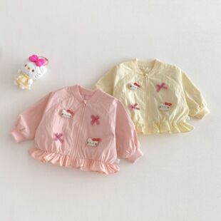 女童猫咪外套2026新款春季宝宝洋气蝴蝶结花边上衣儿童韩版春装潮