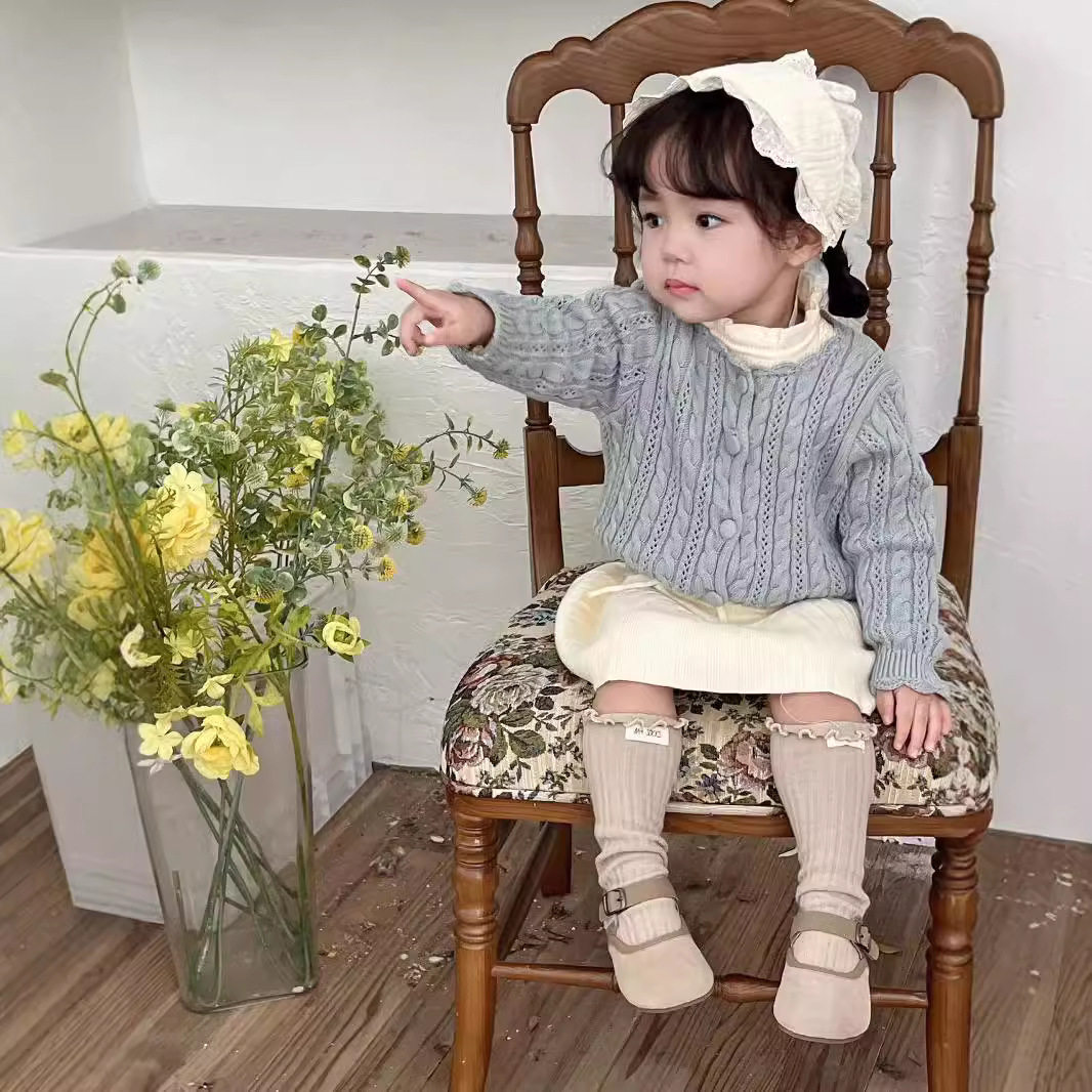 Cutemily女童装秋冬跨境手钩圆领开衫毛衣女宝加厚麻花扭绳外套