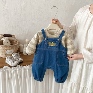 点兮春季新款婴幼儿小狗牛仔背带裤套装男宝裤子条纹打底衫两件套