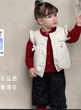 2026新款秋冬女童蝴蝶结轻羽马甲宝宝外穿卡通保暖坎肩背心三件套