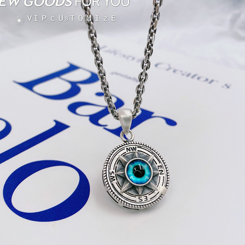 925纯银饰品泰银复古恶魔之眼东西南北八角星项链男吊坠女可旋转