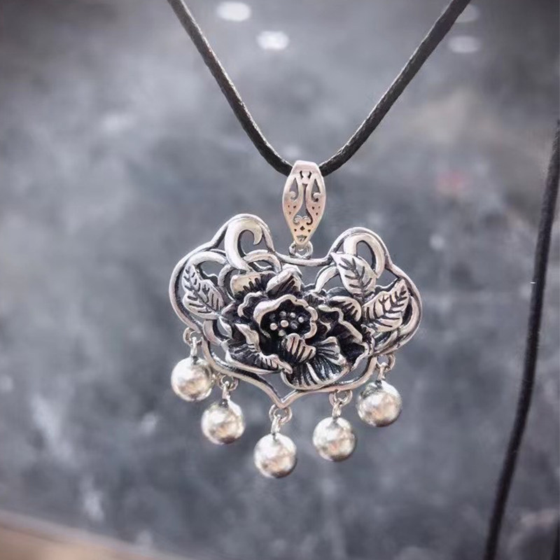 925纯银饰品复古泰银风格牡丹花锁铃铛吊坠自然民族特色项链挂件