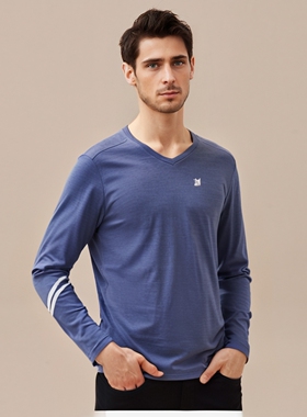 瑞士美丽诺羊毛速干衣男V领长袖T恤秋冬户外轻薄排汗保暖打底衬衣