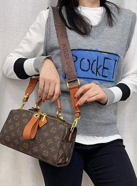 路易爱黛波士顿女包真皮老花枕头包包女式2025新款时尚单肩斜挎包