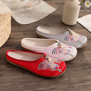 老北京布鞋女绣花拖鞋民族风汉服鞋子古装旗袍搭配的凉拖平底单鞋