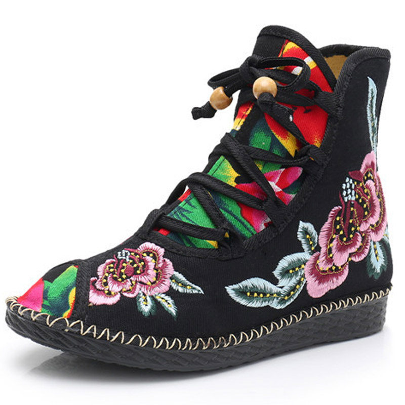 2024 NEW SINGLE BOOTS FLAT BOOTS OLD BEIJING CLOTH BOOTS SHORT BOOTS EMBROIDERED SHOES ETHNIC STYLE CROSS TIE LOW HEEL WOMENS BOOTS