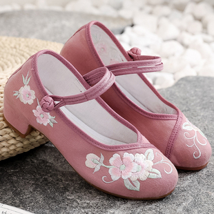 复古高跟配旗袍的鞋女中国风茶服鞋子老北京中跟古风汉服绣花布鞋