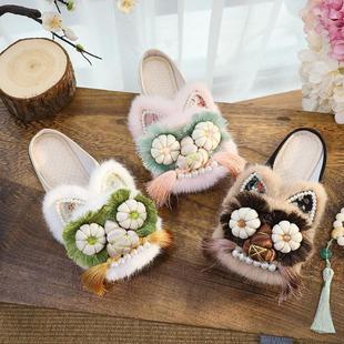 拖鞋手工虎头鞋2024新款国潮复古民族风平底女式拖鞋非遗民俗鞋