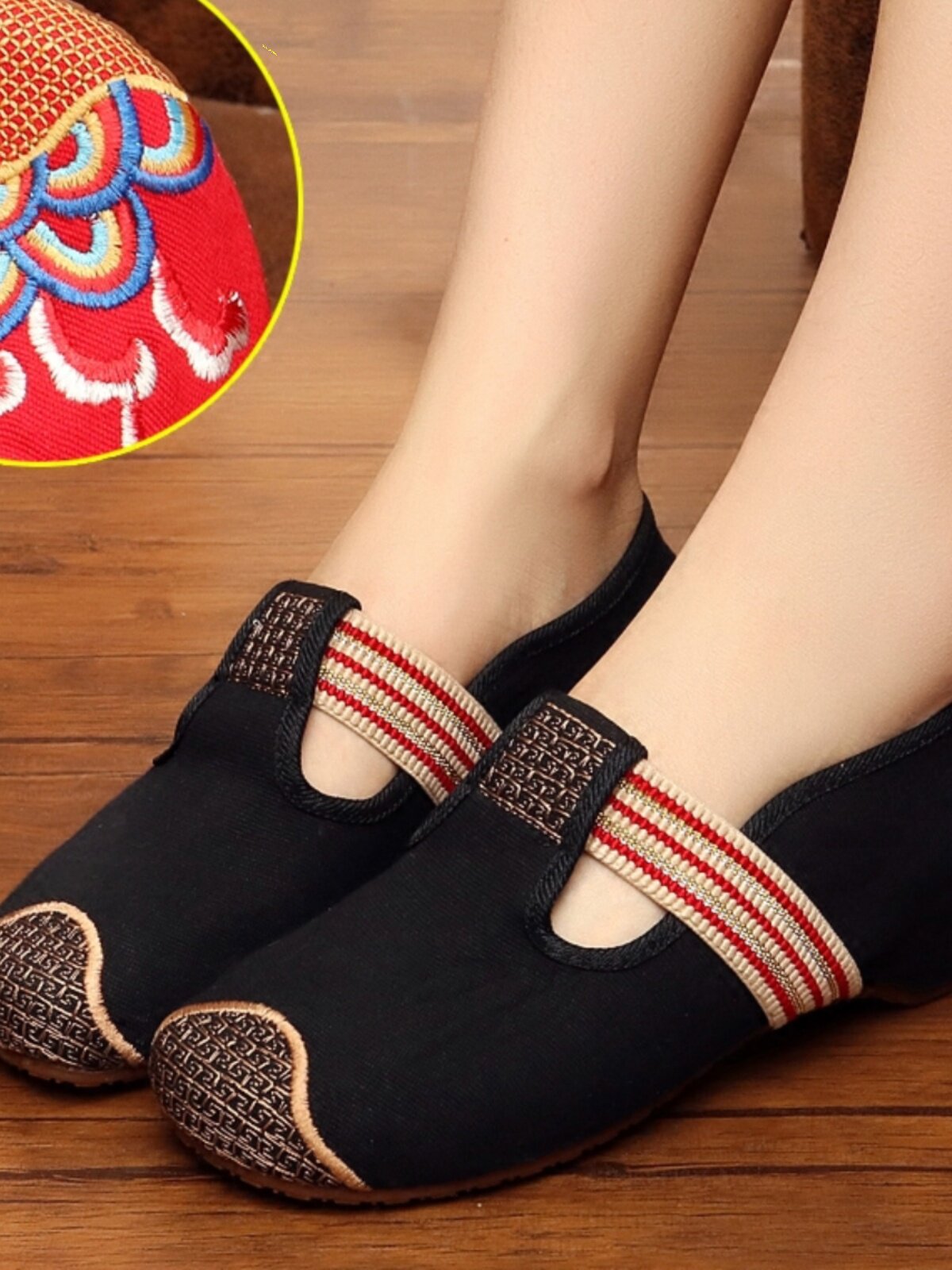 OLD BEIJING ELASTIC BAND EMBROIDERED SHOES SQUARE DANCE GRID BREATHABLE WOMENS CLOTH SHOES NATIONAL STYLE LOW-HEELED TENDON BOTTOM WOMENS SHOES