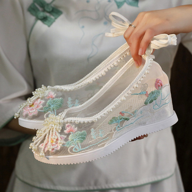 绣花鞋女款古风汉服鞋子唐朝女成人汉服订珠网鞋子布鞋女古风厚底