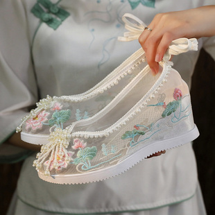 绣花鞋女款古风汉服鞋子唐朝女成人汉服订珠网鞋子布鞋女古风厚底