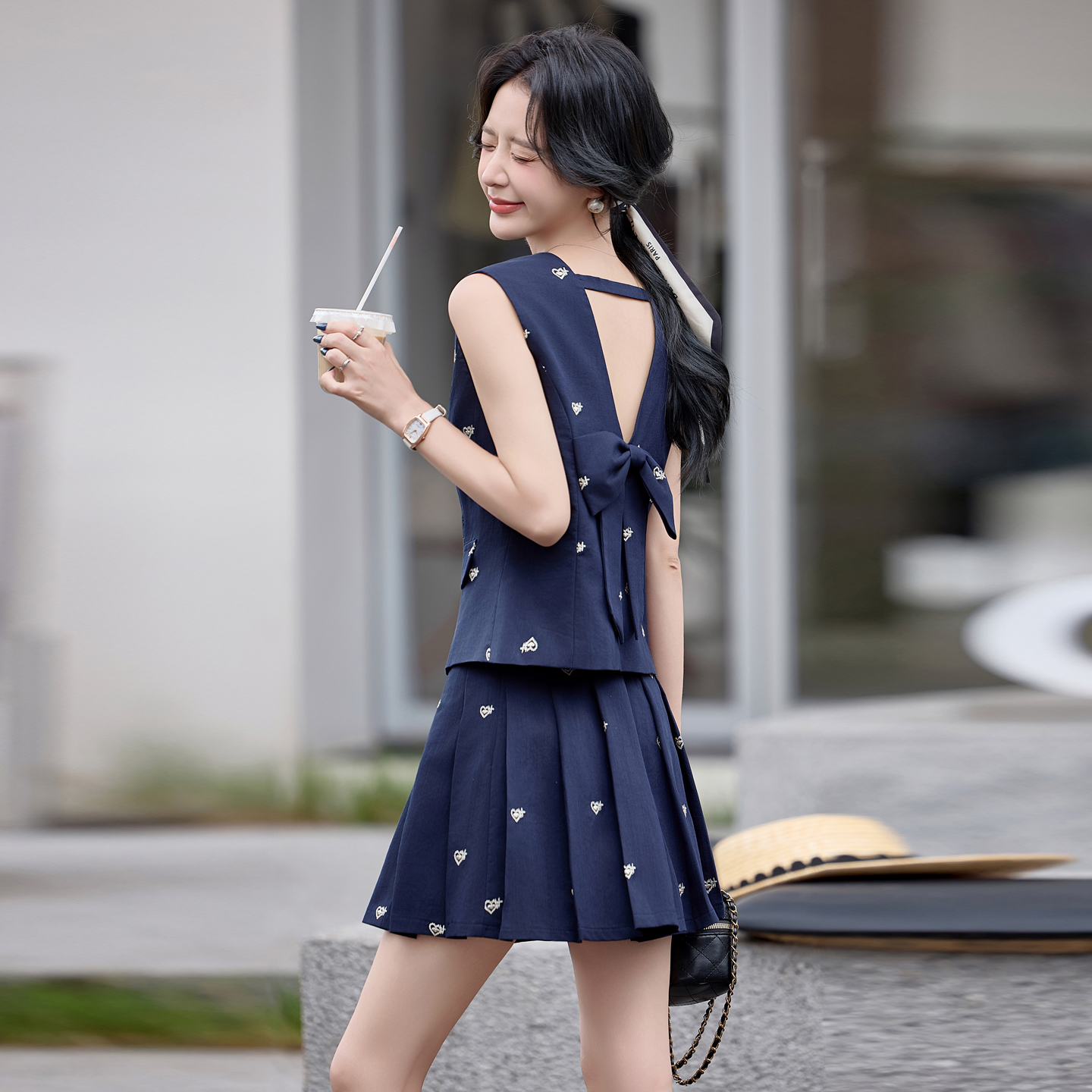 小香风刺绣西装马甲套装女2025夏新款小个子高级感百褶短裙两件套