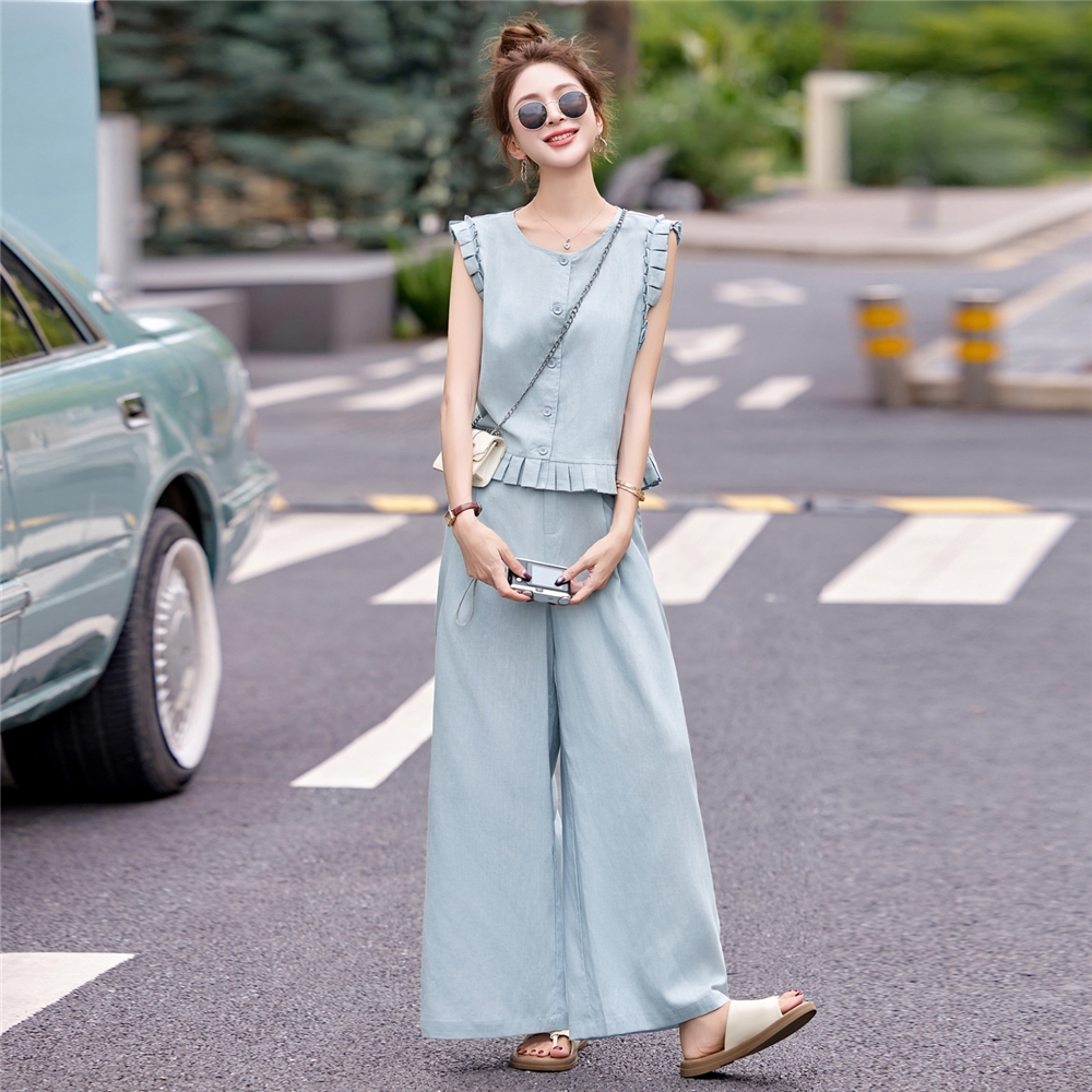 2025夏季新款天丝亚麻休闲无袖背心阔腿裤减龄百搭小个子两件套女
