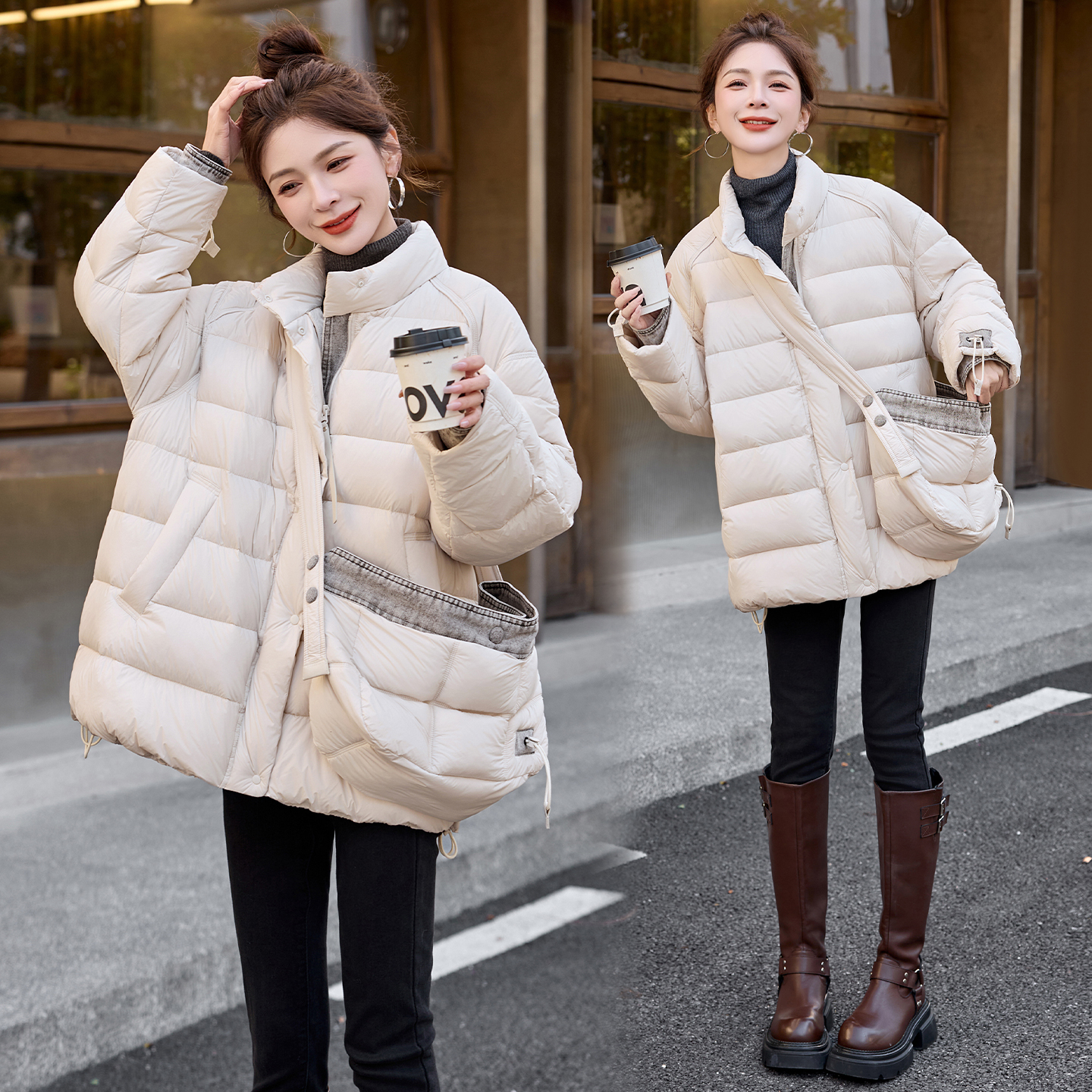 韩系立领中长款牛仔拼接羽绒服