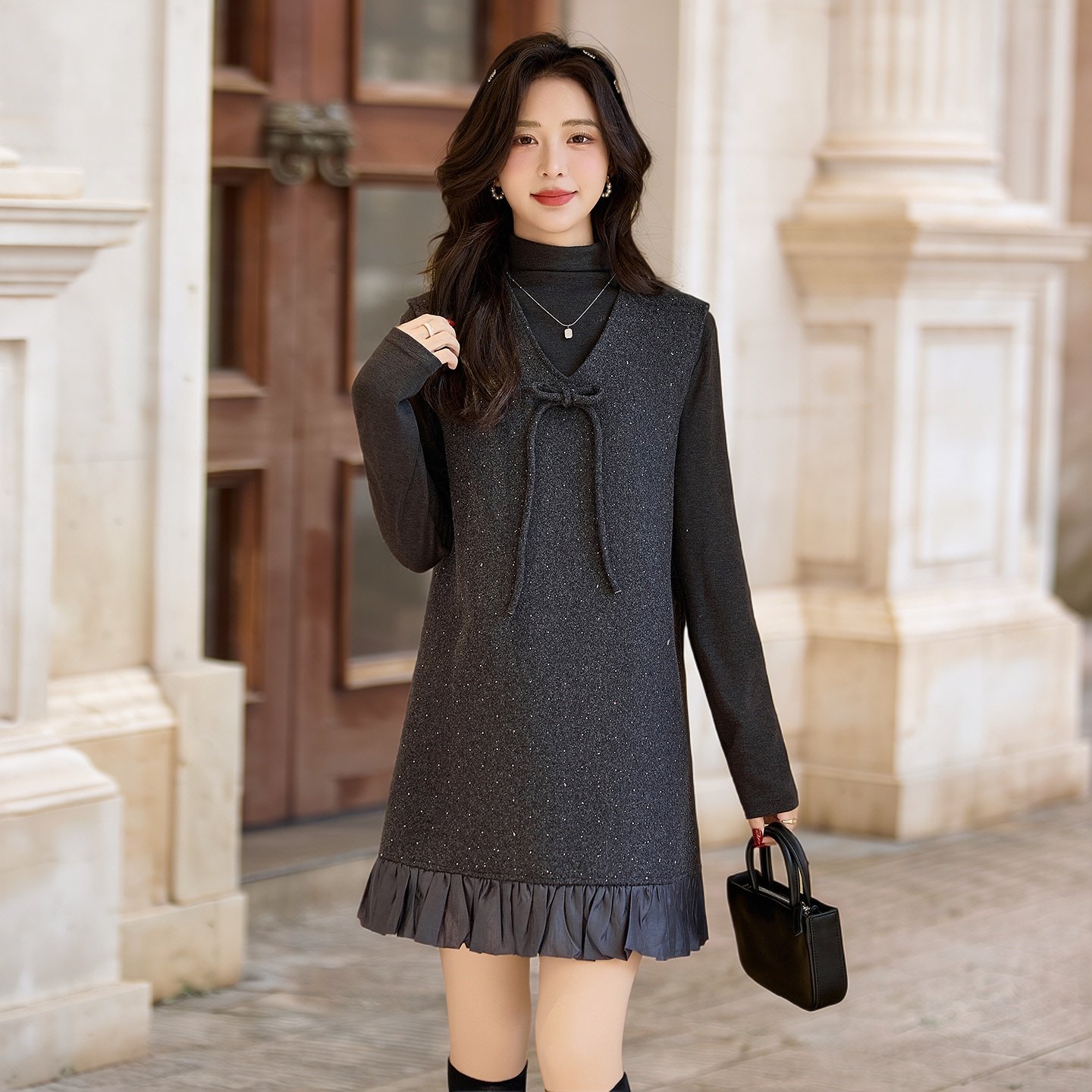 小香风套装女2026春季新款气质半高领打底衫毛呢马甲连衣裙两件套,女装/女士精品,时尚套装,淘宝优惠券,粉丝福利购,淘宝优惠卷