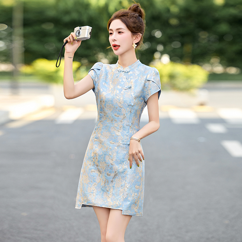 新中式国风提花连衣裙女2025夏新款高级感小个子盘扣改良旗袍裙子