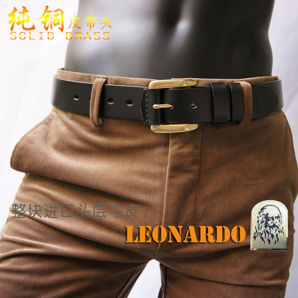 利奥纳多leonardo老人头真皮头层牛皮纯黄铜黑色针扣休闲皮带0686