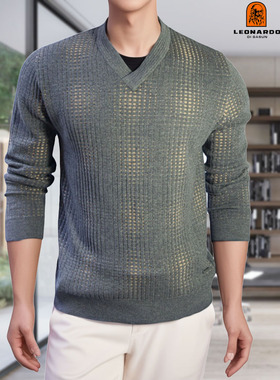 缺54码LEONARDO利奥纳多秋冬季套头V领灰色休闲毛衣纯羊毛衫0907