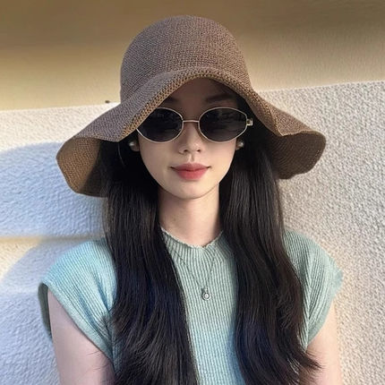 夏季细钩针遮阳帽子女户外出游草编渔夫帽防紫外线大帽檐防晒盆帽